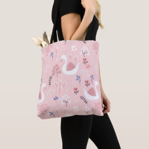 Bolsa Tote Cisnes Brancos Doces em Ballet Floral Rosa Pastel