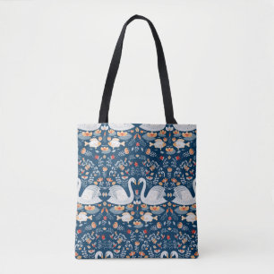 Bolsa Tote Cisnes, peixes, flores em fundo azul. Decoração
