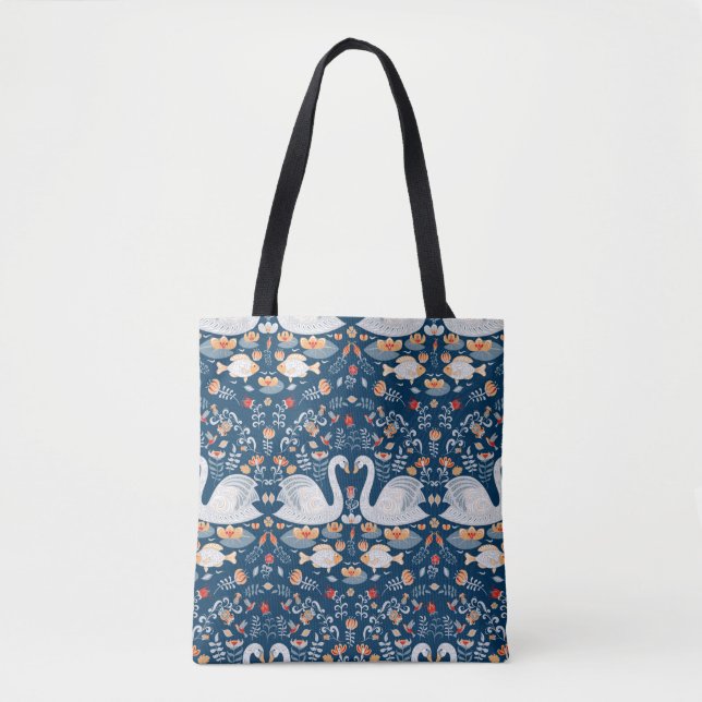 Bolsa Tote Cisnes, peixes, flores em fundo azul. Decoração (Frente)
