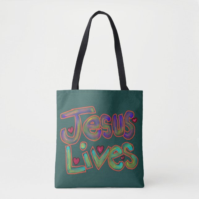 Bolsa Tote Citação Cristã 'Jesus Vive' Verde  (Frente)