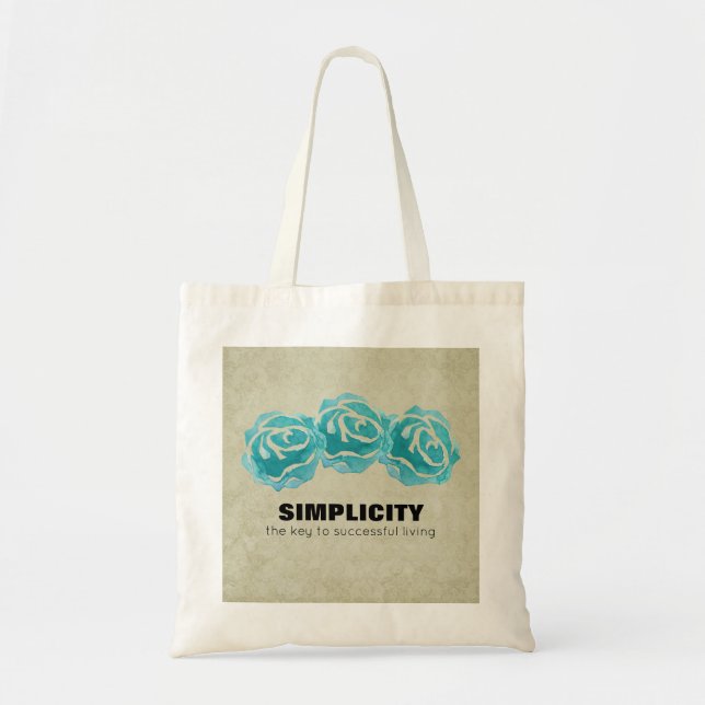 Bolsa Tote Citação da Tipografia Simplicidade com Rosas Teais (Frente)