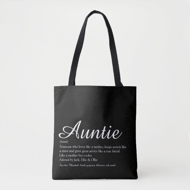Bolsa Tote Citação de Definição de Tia Script Preto e Branco (Frente)