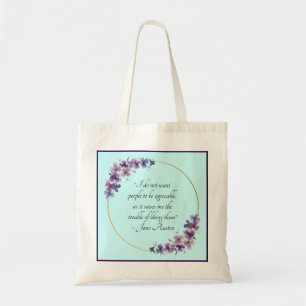 Bolsa Tote Citação de Jane Austen com Moldura Dourada Floral 
