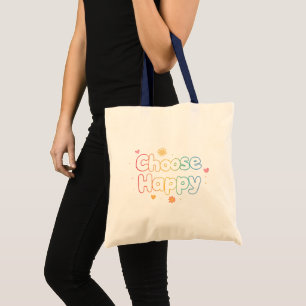 Bolsa Tote Citação "Escolha Feliz" em Arco-Íris Pastel