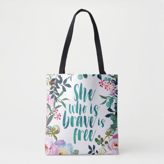Bolsa Tote Citação Feminina Livre e Corajosa Floral (Frente)
