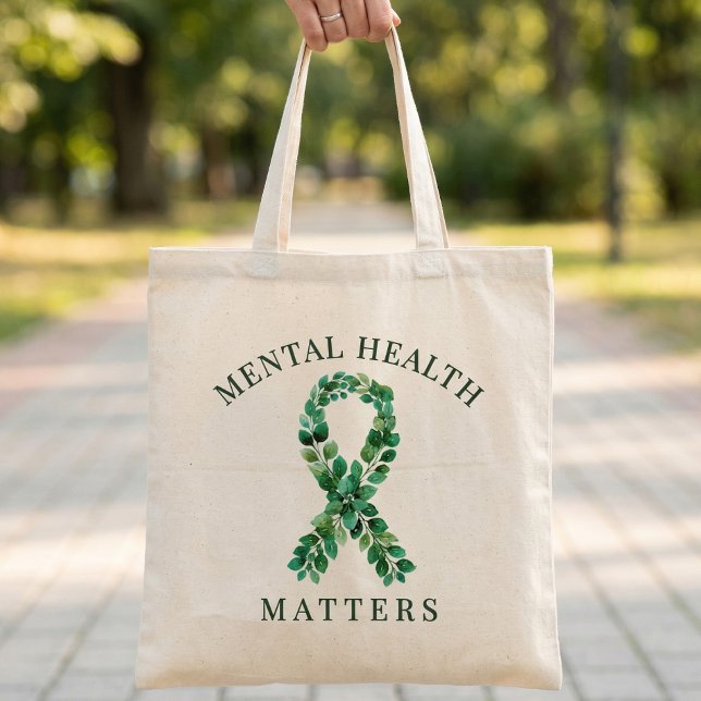 Bolsa Tote Citação Personalizada sobre Saúde Mental Importa F (Mental Health Matters Awareness  Walk Green Boranical Ribbon )