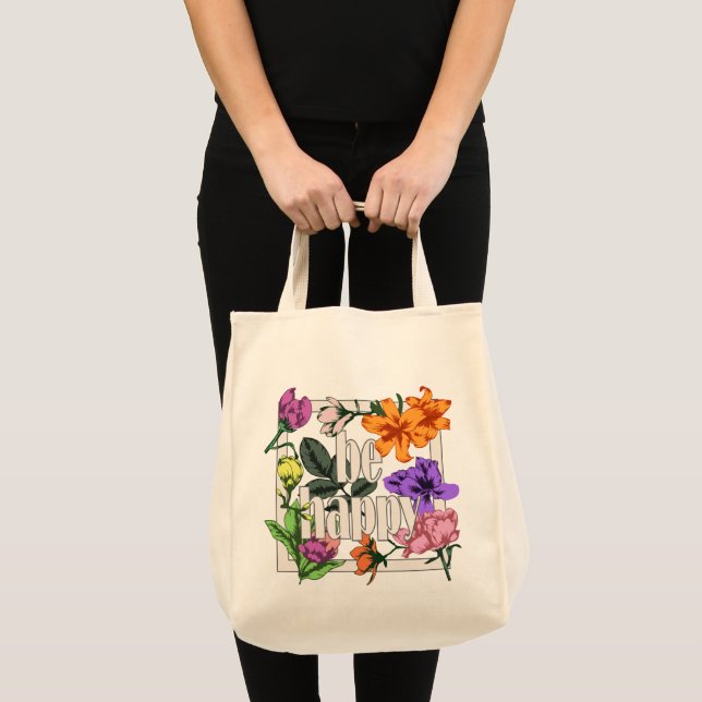 Bolsa Tote Citação positiva Ser Feliz e flores de jardim (Frente (produto))