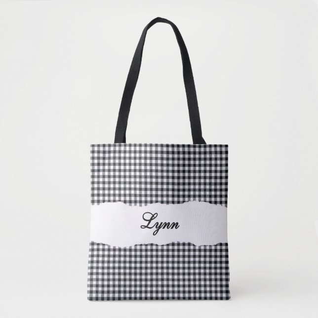 Bolsa Tote Classic Black & White Gingham | Personalized Name (Frente)