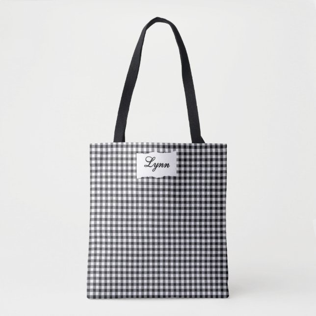 Bolsa Tote Classic Black & White Gingham | Personalized Name (Frente)