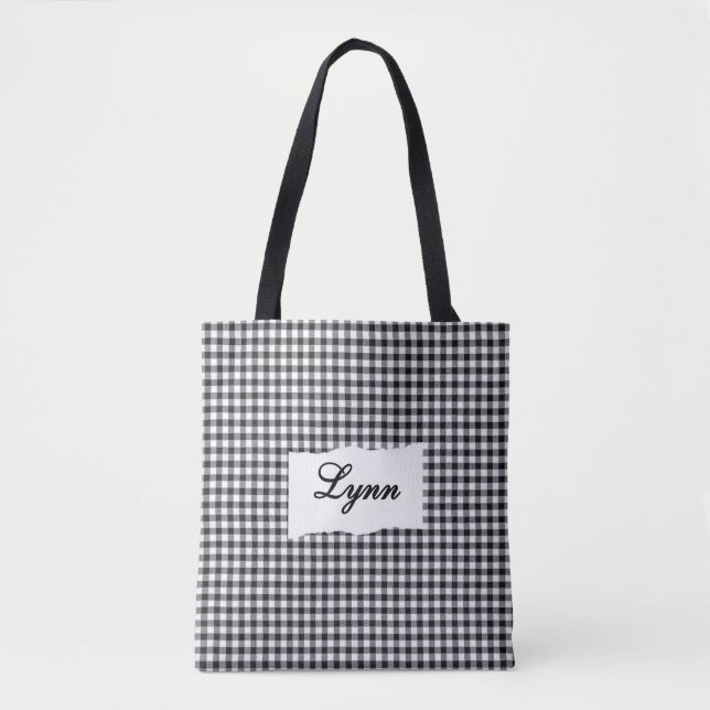 Bolsa Tote Classic Black & White Gingham | Personalized Name (Frente)