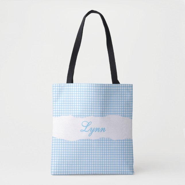 Bolsa Tote Classic Blue & White Gingham | Personalized Name (Frente)