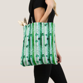 Bolsa Tote Classic Green White Vertical Stripes Shamrocks