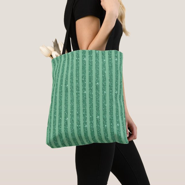 Bolsa Tote Classic Jade Green Glitter Style Vertical Stripes (Close Up)