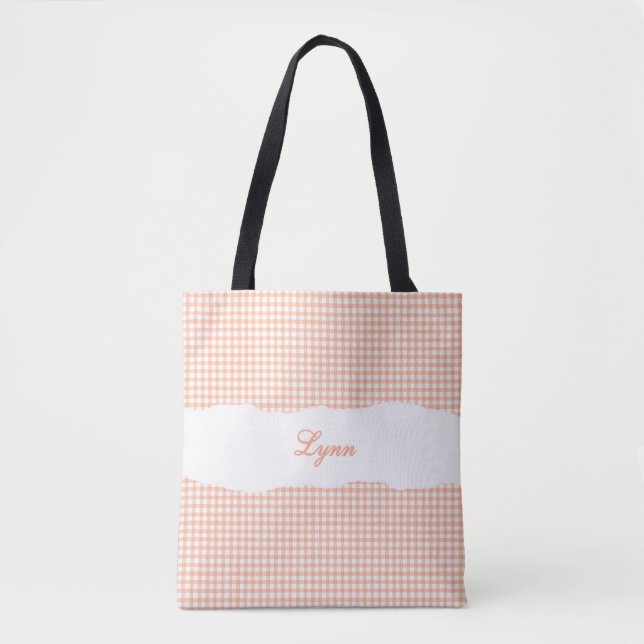 Bolsa Tote Classic Orange & White Gingham | Personalized Name (Frente)