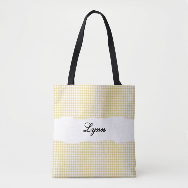 Bolsa Tote Classic Yellow & White Gingham | Nome Personalizad (Frente)