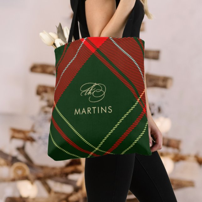 Bolsa Tote Clássica Caligrafia Personalizada Xadrez de Natal (Criador carregado)