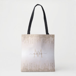 Bolsa Tote Clássica Champagne Glitter Derrubando Nome Monogra