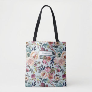Bolsa Tote Clássico Chamado Dusty Verde Azul Cor-de-Rosa Flor