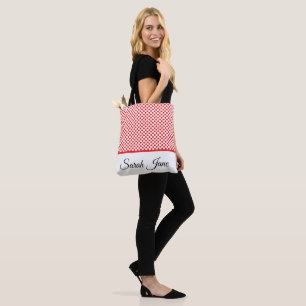 Bolsa Tote Clássico Padrão de Pontos Vermelhos Chic Nome Pers