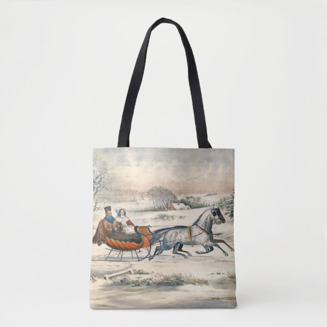 Bolsa Tote Clássico Passeio de Trenó de 1853 Currier Ives Est (Frente)