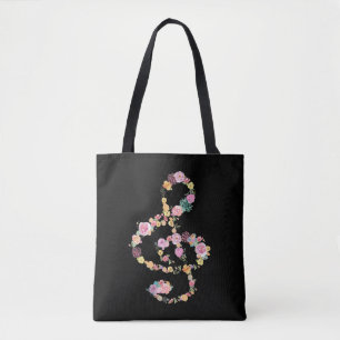 Bolsa Tote clef romântico de música floral em preto