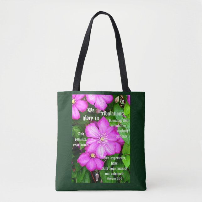 Bolsa Tote Clematis com romanos 5:3-5 (Frente)