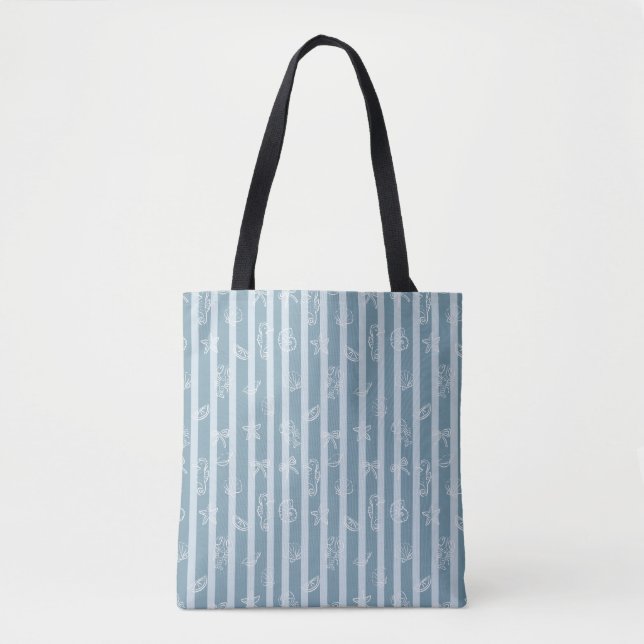 Bolsa Tote Coastal Nautical Pattern | Blue Sea Shell & Seahor (Frente)