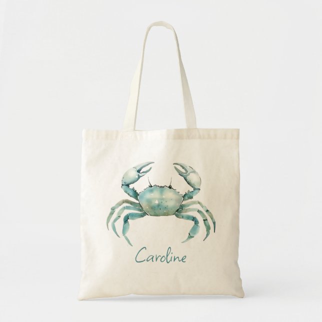 Bolsa Tote Coastal Watercolor Crab Personalized (Frente)