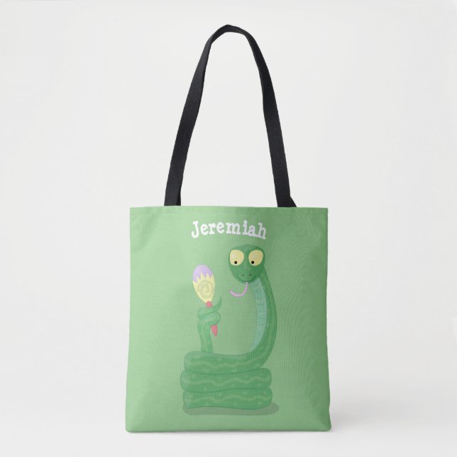 Bolsa Tote Cobra verde engraçado com desenhos de maraca (Frente)