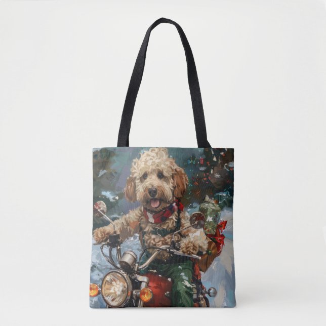 Bolsa Tote Cockapoo Cão Andando Moto Natal (Frente)