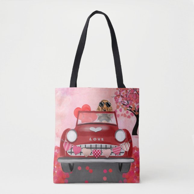 Bolsa Tote Cocker Spaniel Dirigindo Carro com Corações do Dia (Frente)