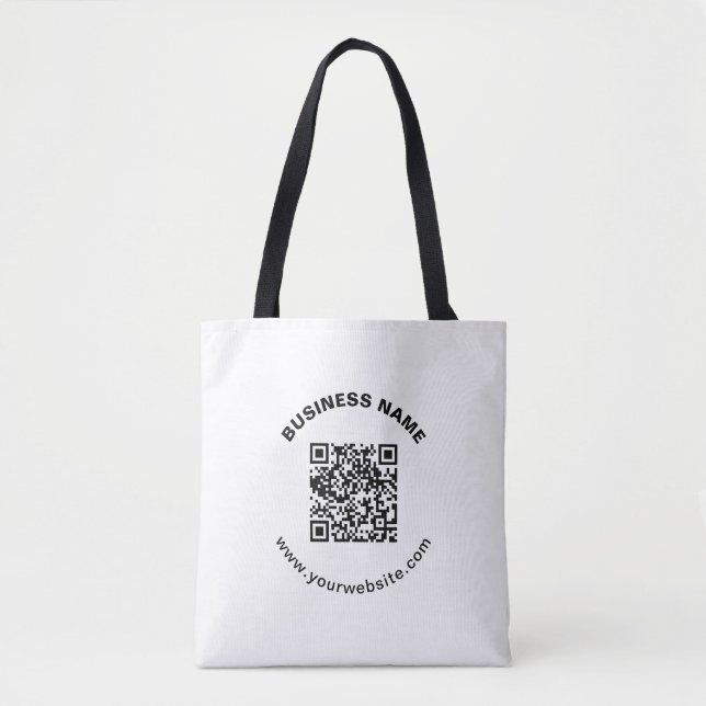 Bolsa Tote Código QR com Nome da Empresa Texto Circular em Ne (Frente)