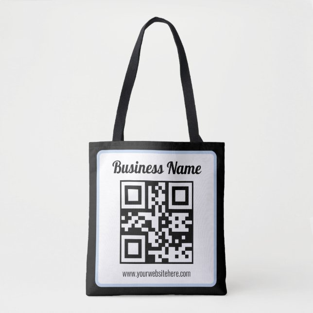 Bolsa Tote Código QR e texto editáveis com borda azul clara (Frente)