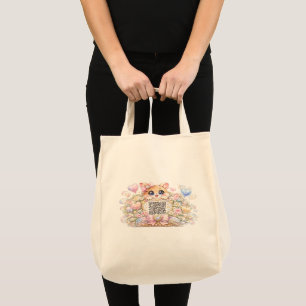 Bolsa Tote Código QR Personalizado Kawaii Gatinho Floral Rosa