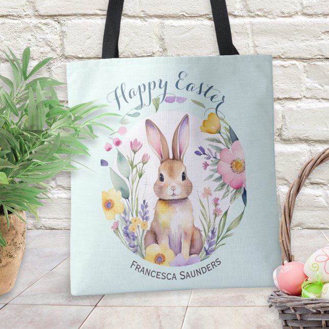 Bolsa Tote Coelhinho Bonito e Flores, Felz pascoa Bonito (A personalized tote bag with cute Easter bunny and flowers picture in a watercolor style)