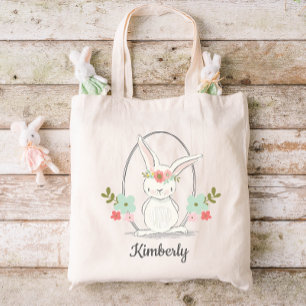 Bolsa Tote Coelhinho Bonito e Flores Páscoas Personalizadas