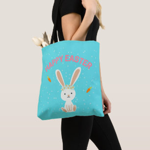Bolsa Tote Coelhinho branco felz pascoa em azul