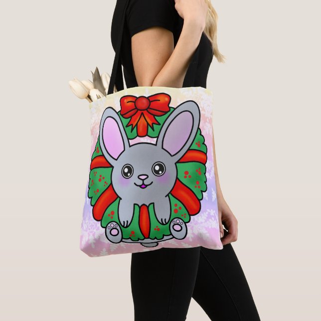 Bolsa Tote Coelhinho de Natal em Wreath com Flocos de Neve do (Close Up)