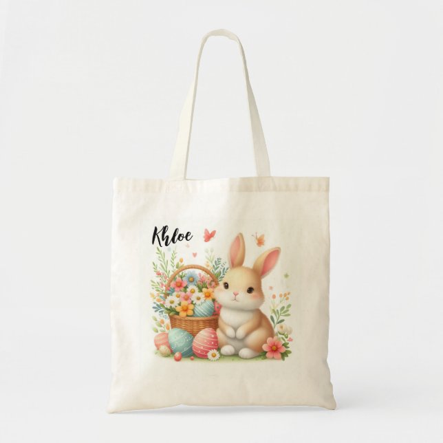 Bolsa Tote Coelhinho de Páscoa bonito com Ovos e Flores (Frente)