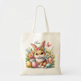 Bolsa Tote Coelhinho de Páscoa bonito com Ovos e Flores