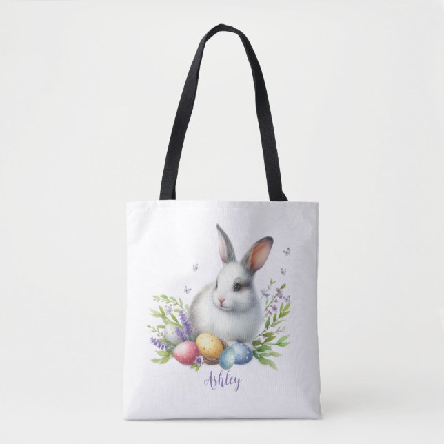 Bolsa Tote Coelhinho de Páscoa de Aquarelas Personalizado (Frente)