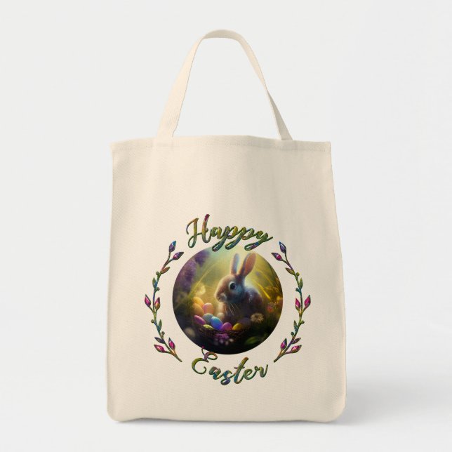 Bolsa Tote Coelhinho de Páscoa e Pintinho com cestos de Ovos (Frente)