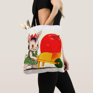 Bolsa Tote coelhinho empurrando carrinho com maçã grande