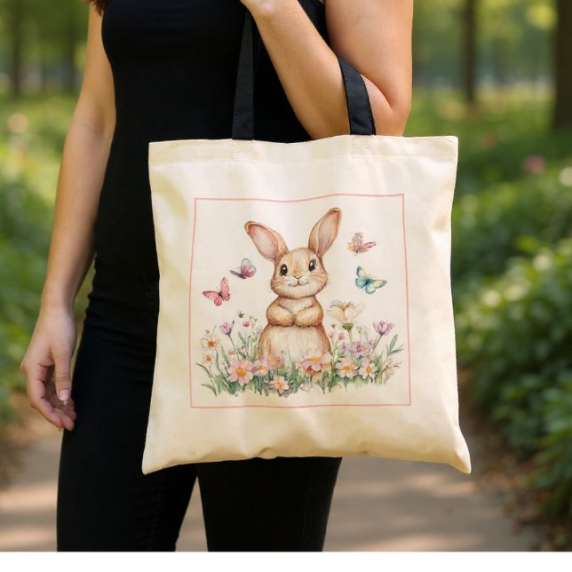 Bolsa Tote Coelhinho giro com borboletas e flores de primaver (Criador carregado)