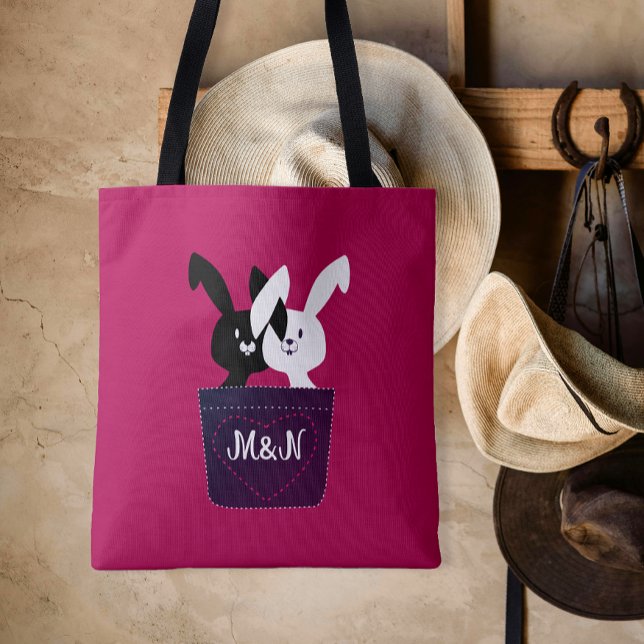 Bolsa Tote Coelhinhos Fofos Apaixonados em Magenta (Criador carregado)