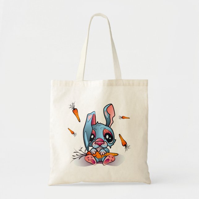 Bolsa Tote Coelho Azul Bonito com Design Gráfico de Cenouras (Frente)
