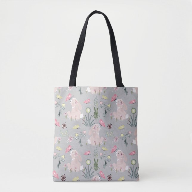 Bolsa Tote coelho bonito com flores e borboletas (Frente)