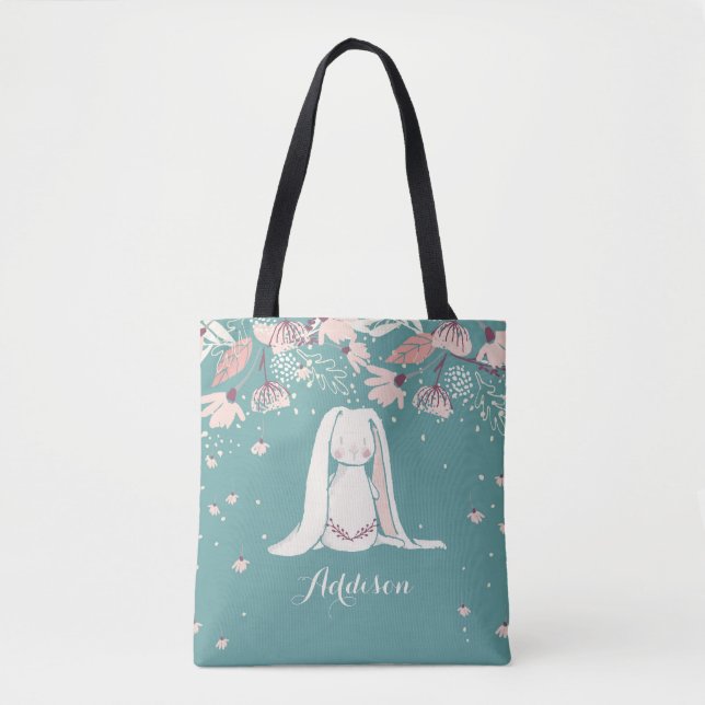 Bolsa Tote Coelho branco & nome feito sob encomenda das (Frente)