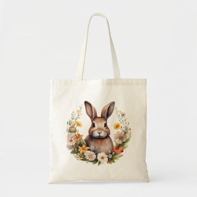 Bolsa Tote Coelho castanho com Flores de primavera (Frente)