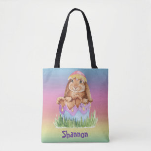 Bolsa Tote Coelho da Páscoa Aquarela Arco-íris Infantil 